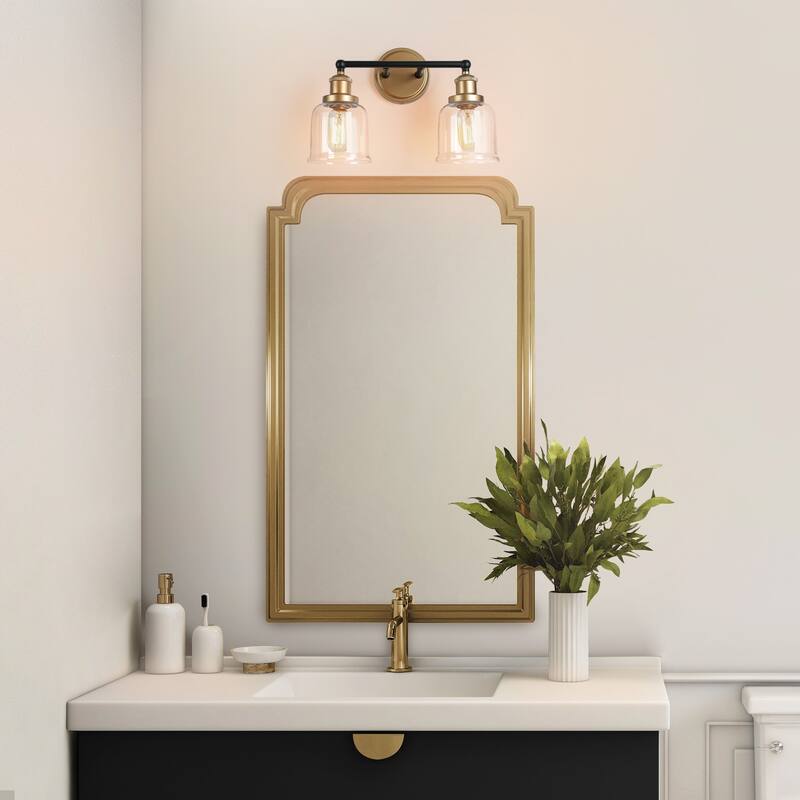 Mid-century Modern Black Gold Wall Sconces with Clear Bell Glass for Bathroom Vanity - L 15" x W 7" x H 10"