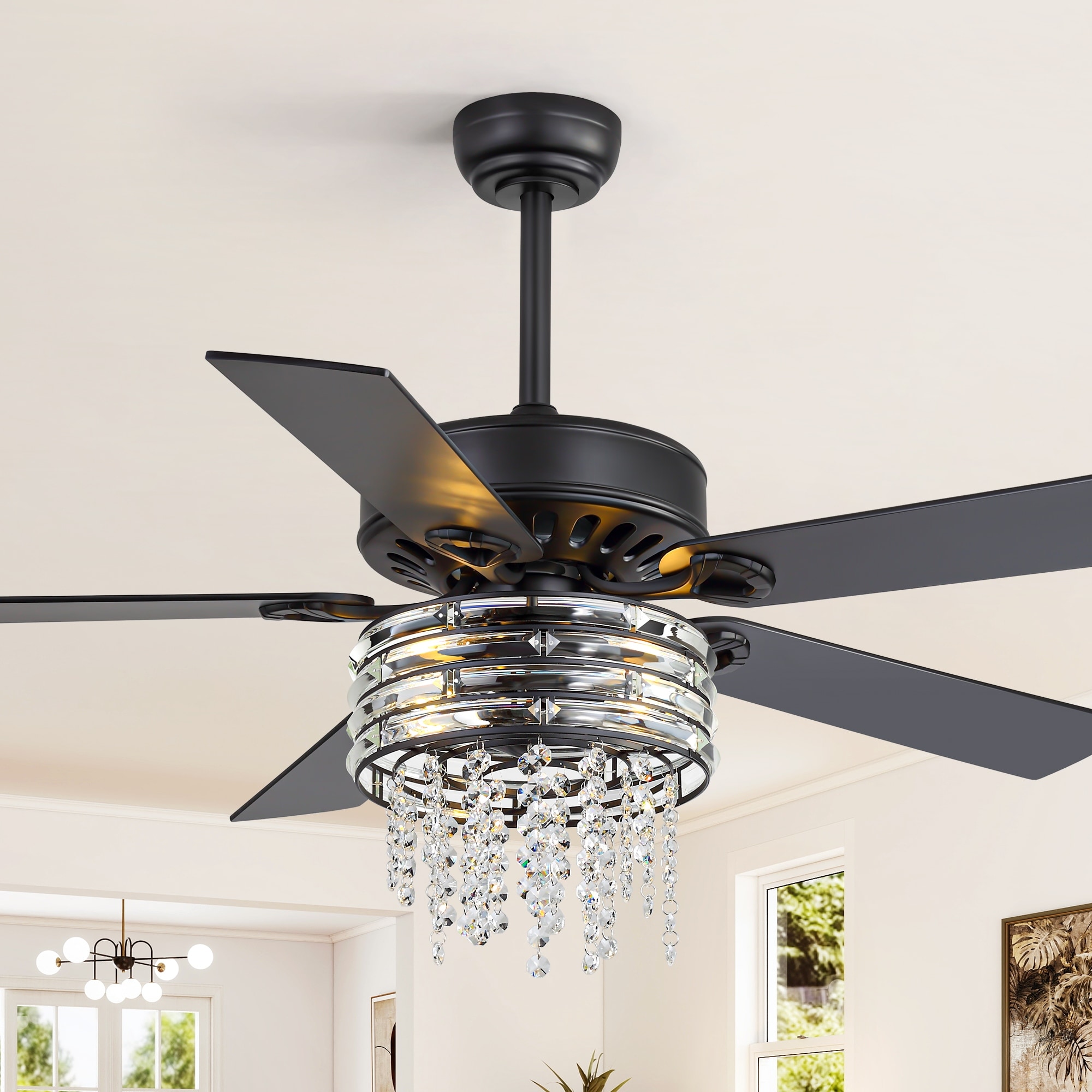 52 Inch Crystal Ceiling Fan with Light, Dual-Finish Blades, Quiet Reversible DC Motor, 6-Speed Remote, Living Room Bedroom