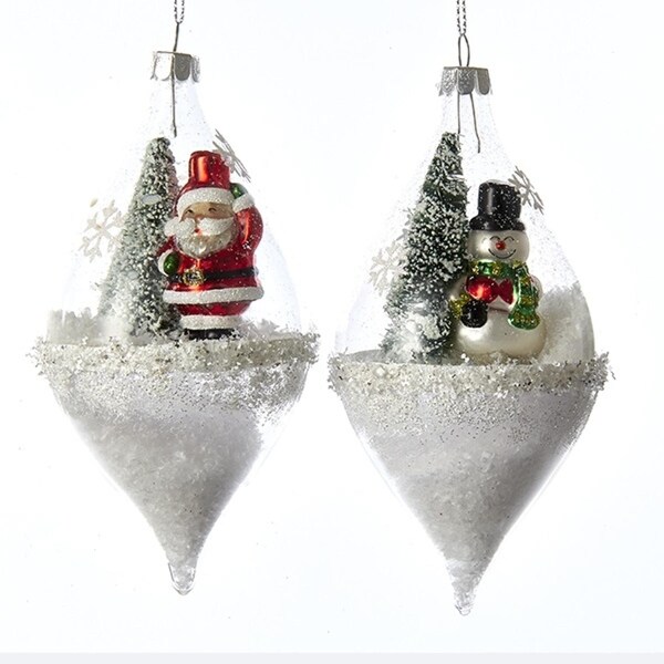 Pack Of 6 Scenic Winter Santa Claus Snowman Snow Filled Glass Teardrop Globe Christmas Ornaments