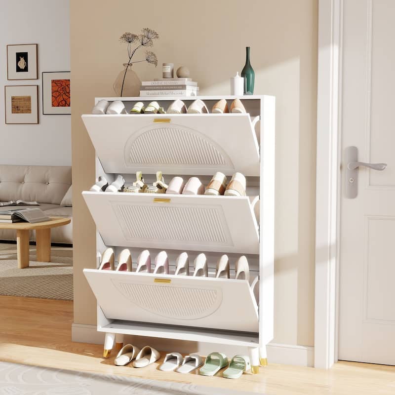 Slim Shoe Cabinet, Fluted Hidden Shoe Storage Cabinet with 3 Flip Drawers