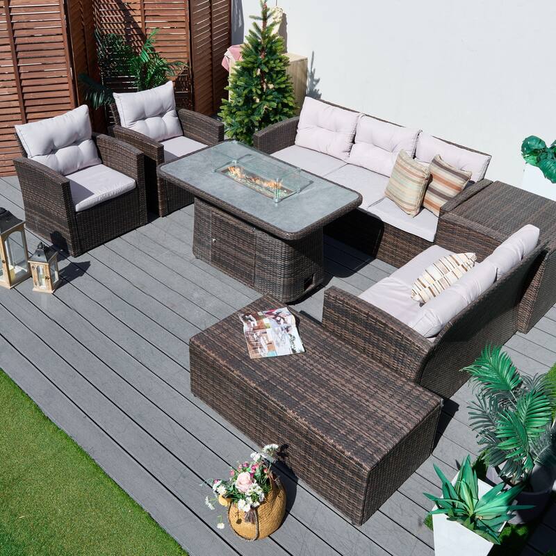 7-Piece PE Wicker Patio Fire Pit Sofa Set with Adjustable Propane Fire Table and Storage Side Tables