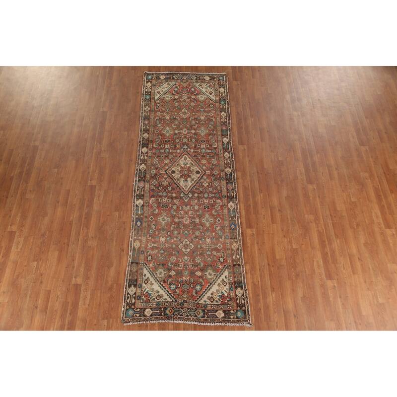 Hamedan Persian Vintage Runner Rug Handmade Geometric Wool Carpet - 3'5"x 9'9"