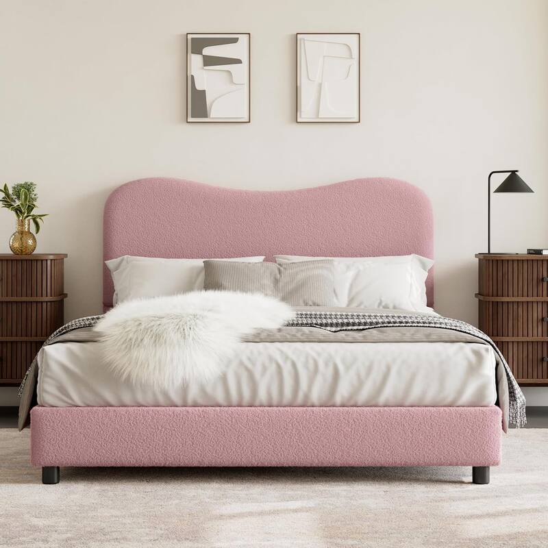 Kids Upholstered Platform Bed, Soft Boucle Fabric with Low Profile Frame & Wood Slats, Boys/Girls Bedroom