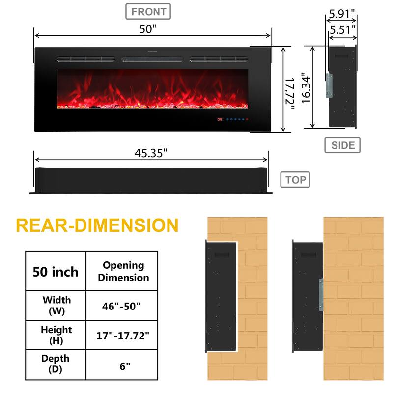 50" Recessed Wall Mounted Linear Electric Fireplace with Remote and Timer, 13 Adjustable Flame Color