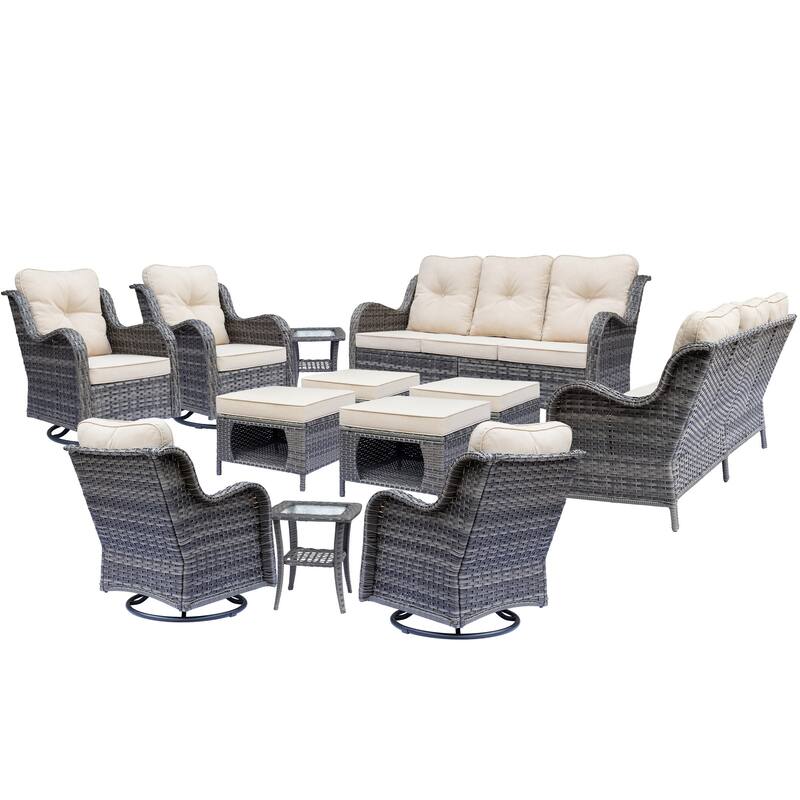 Gray Wicker 12-piece Outdoor Patio Conversation Sets with Swivel Chair