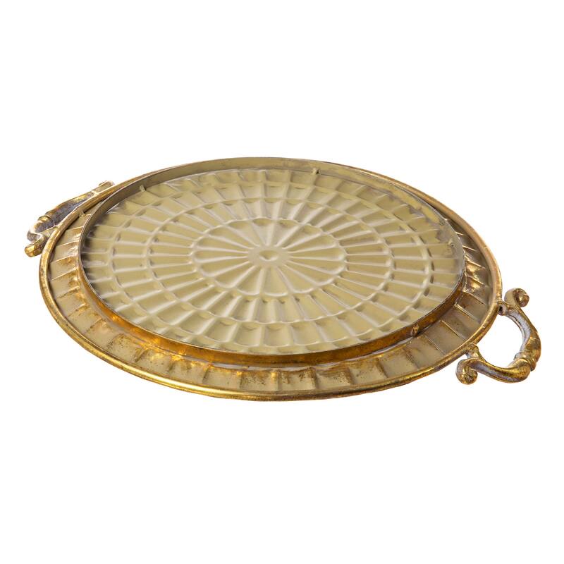 Glitzhome 17"/19"L Vintage Round Metal Gold Embossed Decorative Trays with Handles Set of 2