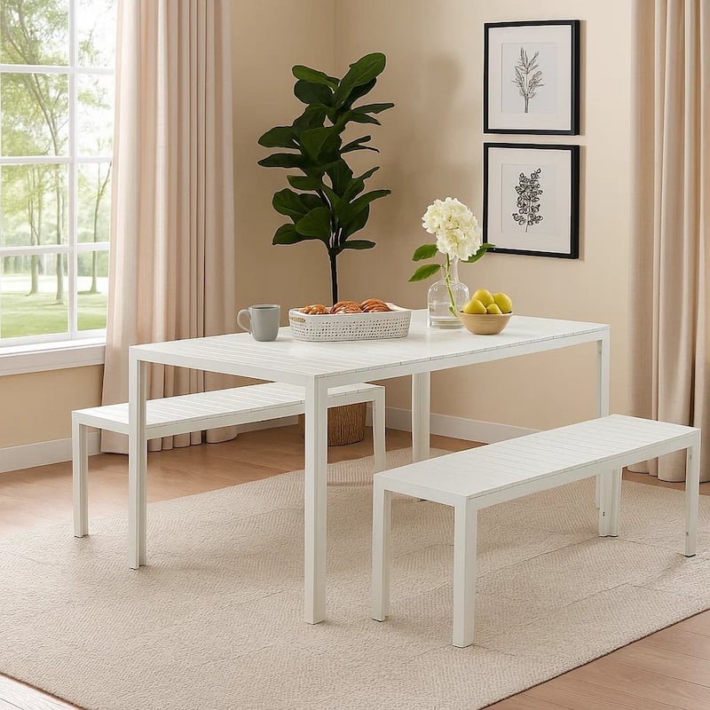 Immaculately Contemporary Anodized Aluminum Table And Bench Set In White (Set of 3)