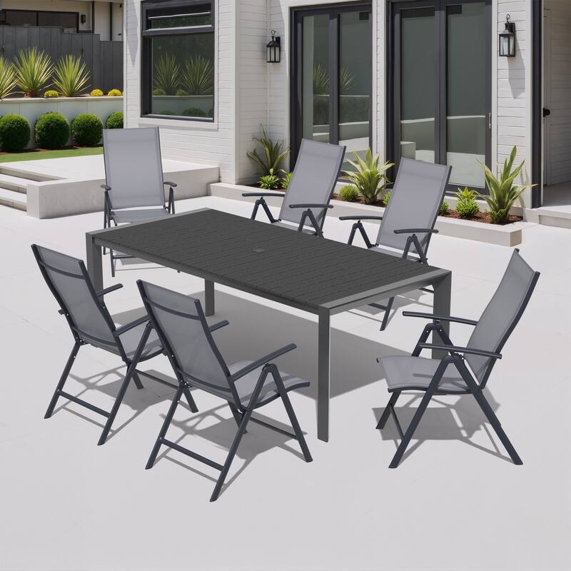 7-Piece Outdoor Aluminum Patio Dining Table with Umbrella Hole and Folding Dining Chair Set