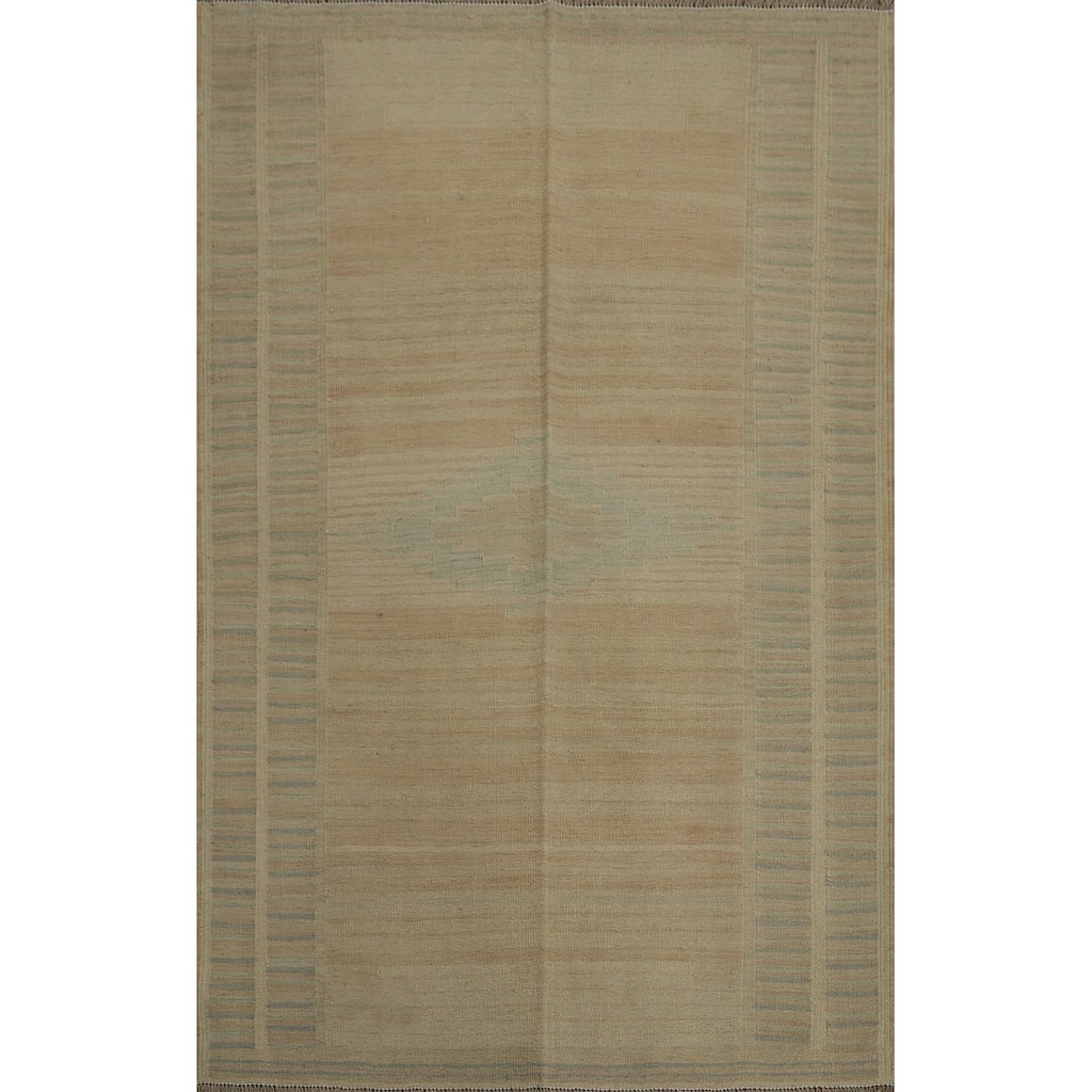 Hand Woven Oriental 100% Wool Carpet Southwestern Tribal Beige & Ivories Kilim Area Rug - 5' 7'' X 4' 1''