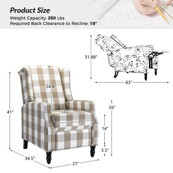 dimension image slide 6 of 10, HULALA HOME Damaris Mid-Century Modern Manual Pushback Recliner with Wingback Design Set of 2