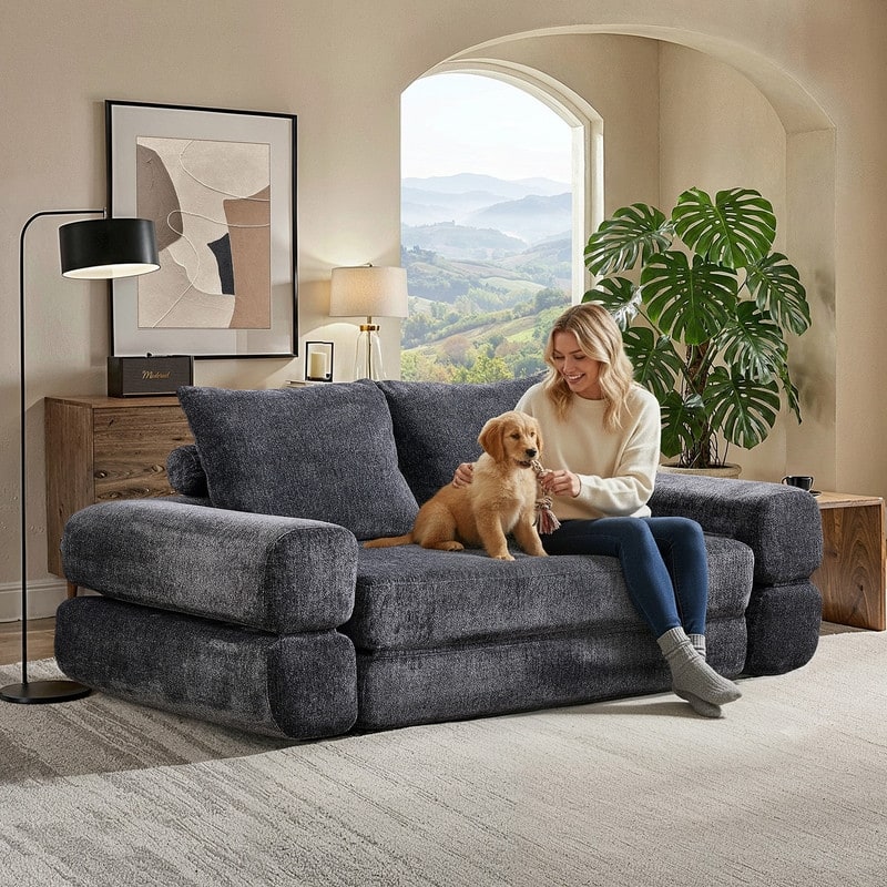 Modern Chenille Convertible Sofa Bed Queen Size Split Back Design