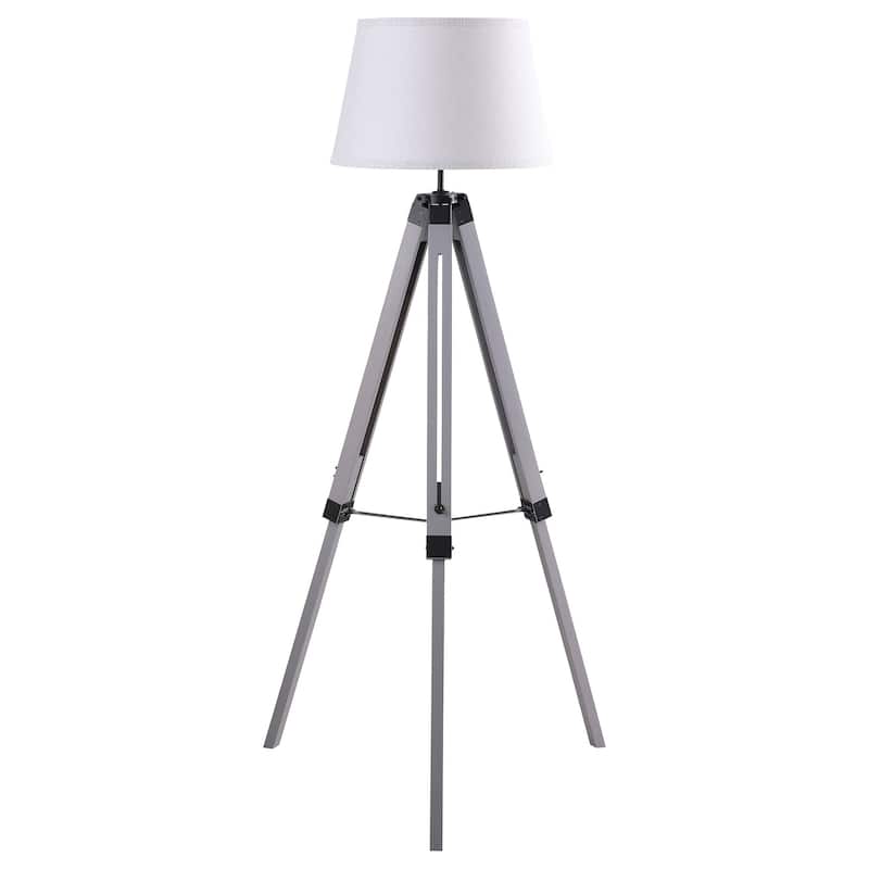 56 Inch Floor Lamp, White Tapered Drum Shade, Weathered Gray Tripod Base