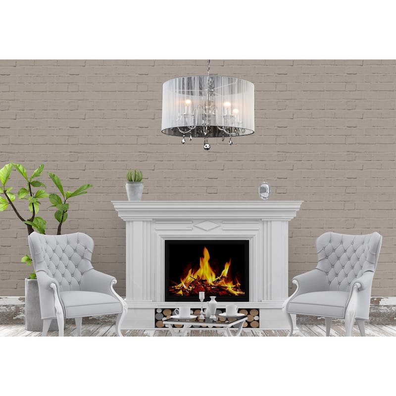 5 Light Chrome Metal Chandelier with White String Shade & Crystal Accents - D22'' H17''