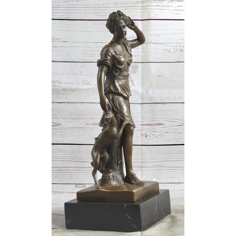 Antoine Coysevox Artemis Diana The Huntress W/ Imitative Dog Bronze Sculpture Statue
