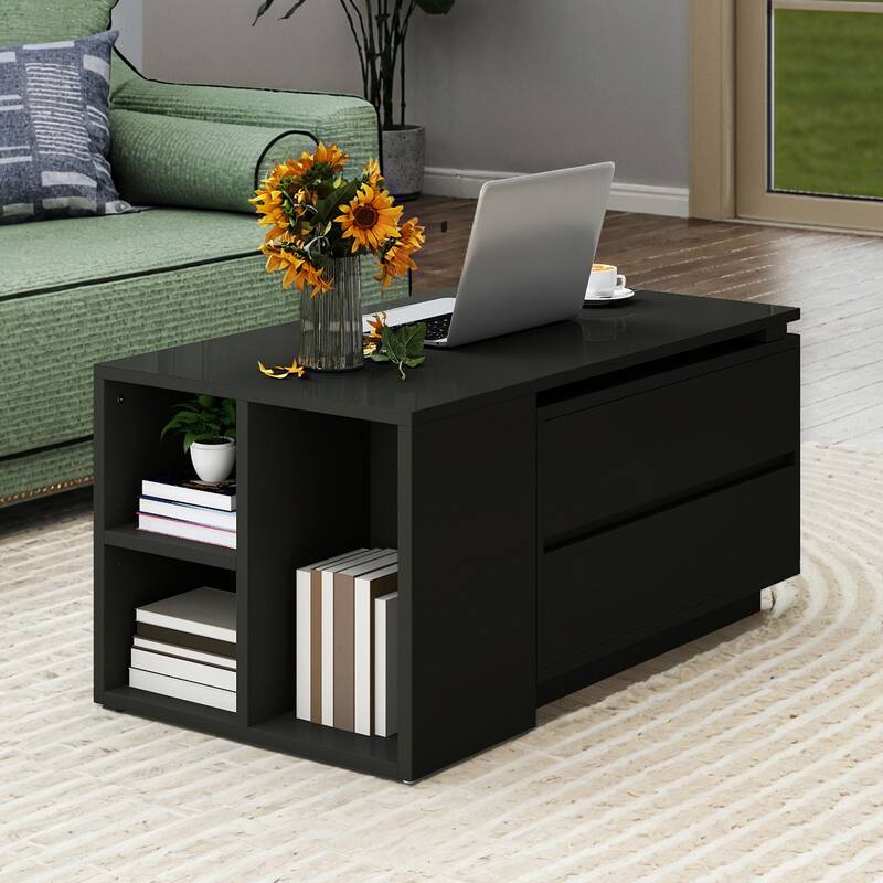 Moasis Modern Convertible Coffee Table w/4 Drawers and Open Shelves, LED Center Table for Living Room