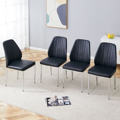Set Of 4 Black Pu Comfort Dining Chairs,Dining Chair With Extended Backrest,Black Pu,Silver Metal Legs