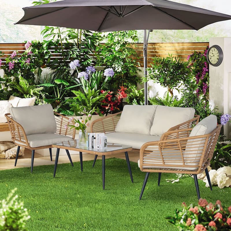 4-Piece Outdoor Patio Furniture Set with Cushions & Tempered Glass Table, Rattan Bistro Set for Garden, Porch, Backyard