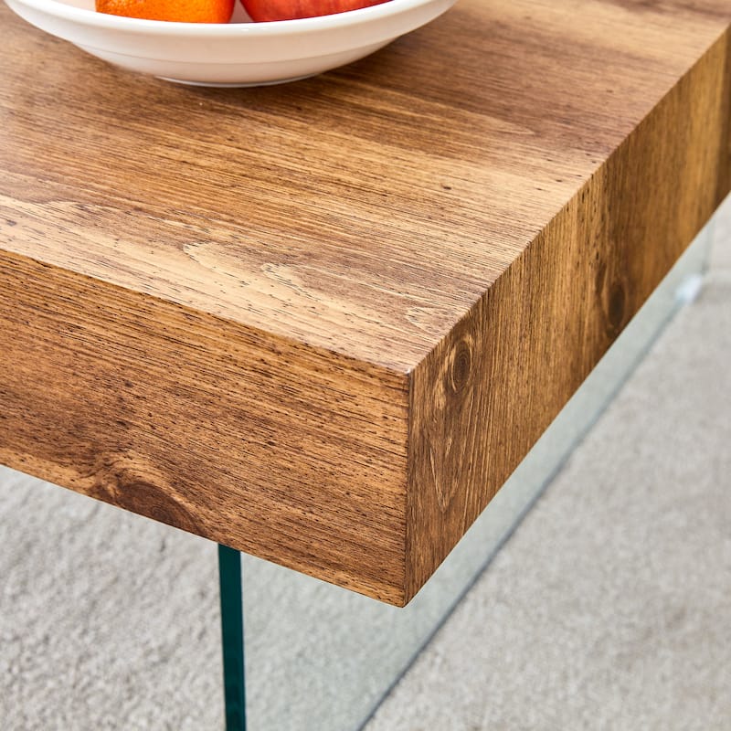 Living Room Square Coffee Table with Tempered Glass Legs, Dining Table Accent Table with Wood Grain Top