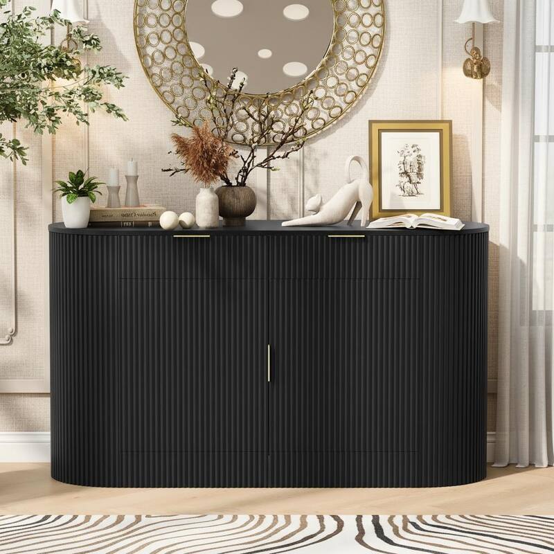 Modern Ribbed Storage Cabinet with Magic-Tape Curved Doors & Tiered Side Shelving by Harper&Bright Designs