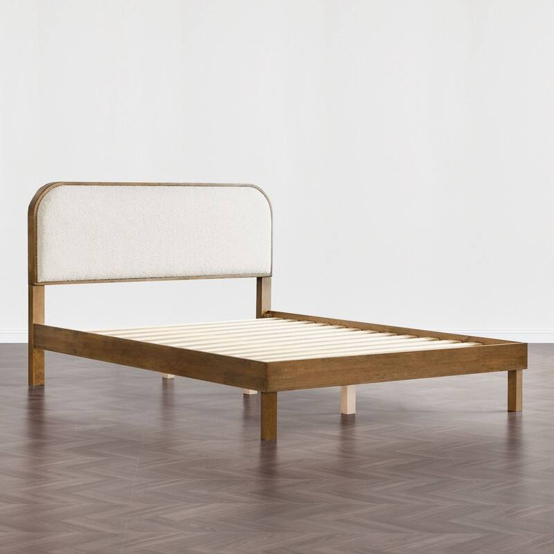 Spruce & Spring Modern Round Boucle Upholstered Platform Bed with Solid Wood Frame