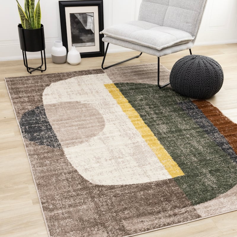 Cream Green Yellow Geometric Area Rug