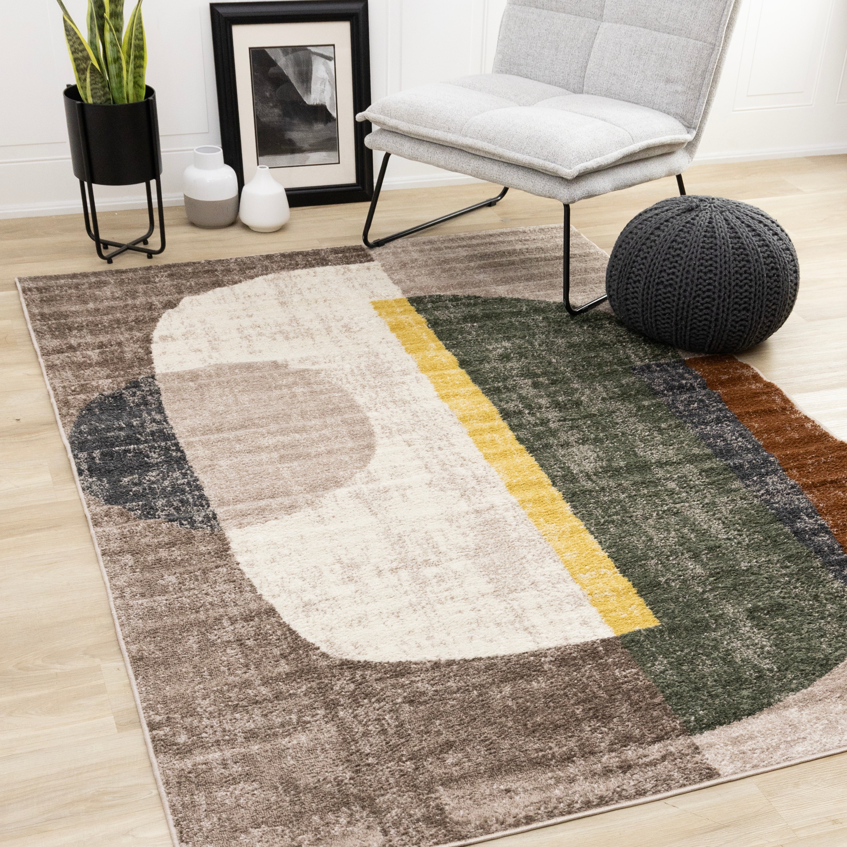 Cream Green Yellow Geometric Area Rug