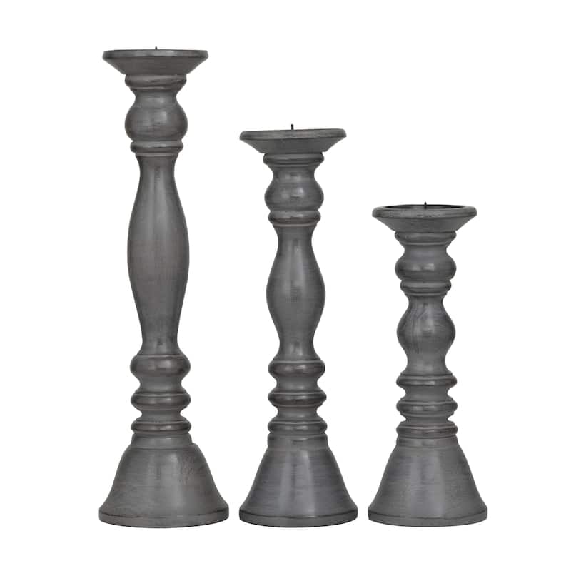 Wood Turned Style Pillar Candle Holder - Set of 3 Black, Gray - Roche River Decor