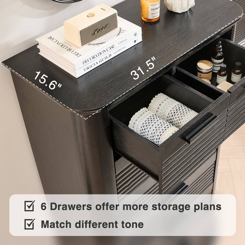 6 Drawers Dresser for Bedroom, 45" Tall Dresser with Curved Profile Design, Wood Fluted Chest of Drawers