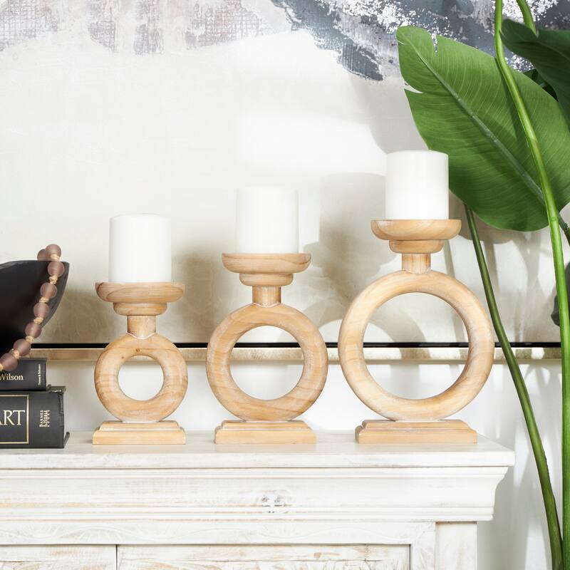 Brown Wood Circular Ring Candle Holder (Set of 3) - Brown
