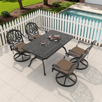 5-Piece Aluminum Rectangular Outdoor Patio Dining Set, 4 Cushioned Swivel Chairs, Table, All-Weather Frames
