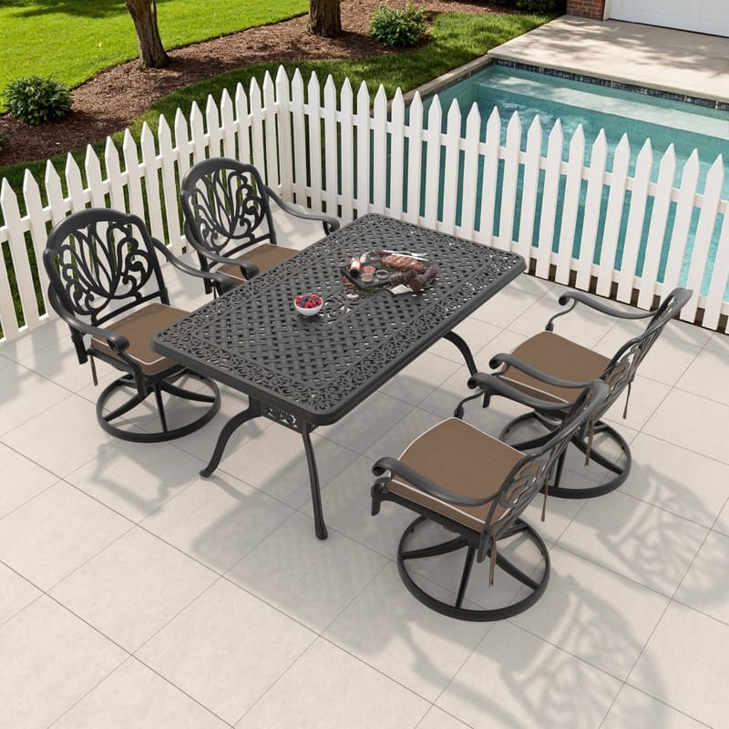 5-Piece Aluminum Rectangular Outdoor Patio Dining Set, 4 Cushioned Swivel Chairs, Table, All-Weather Frames