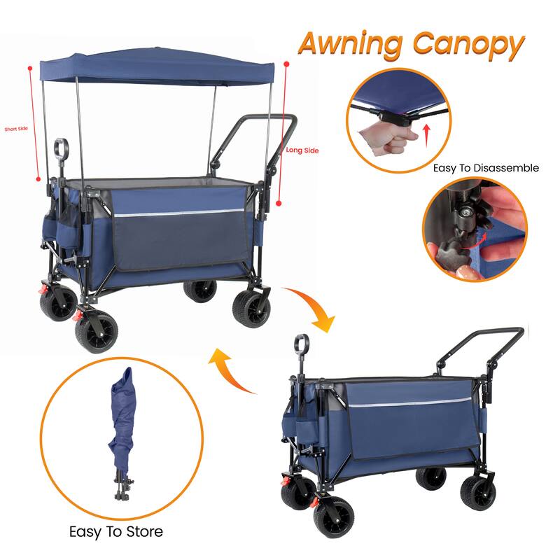 Multi-Functional Push-Pull Folding Wagon Cart with Rotating Handle & Canopy,7"x4"All-Terrain Wheels & Brakes,300L Large Capacity
