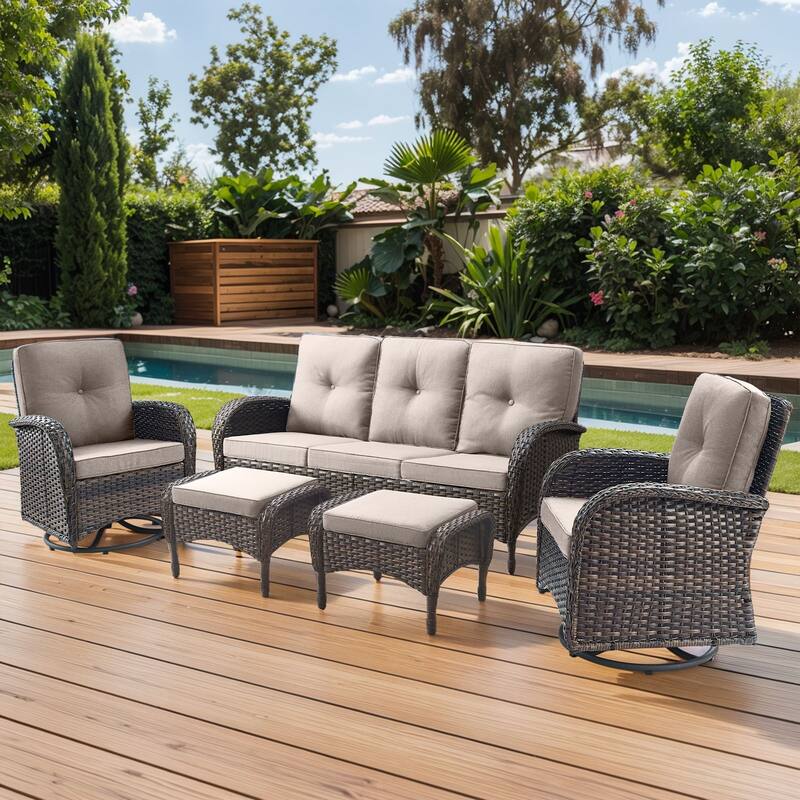 Gymojoy 5-Piece Outdoor Wicker Patio Furniture with 3 Seat Sofa & Swivel Chair, Coversation Set with Water Resistant Cushions - Brown Wicker / Beige Cusion - 5-Piece