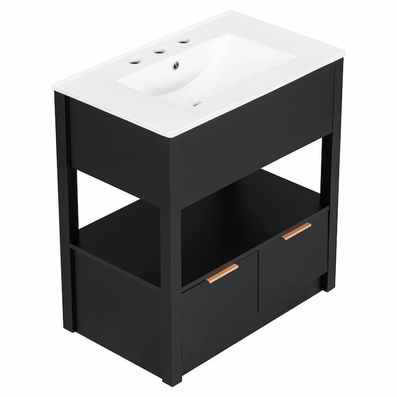 30" Bathroom Vanity with Sink Top, Open Storage Shelf, Two Drawers