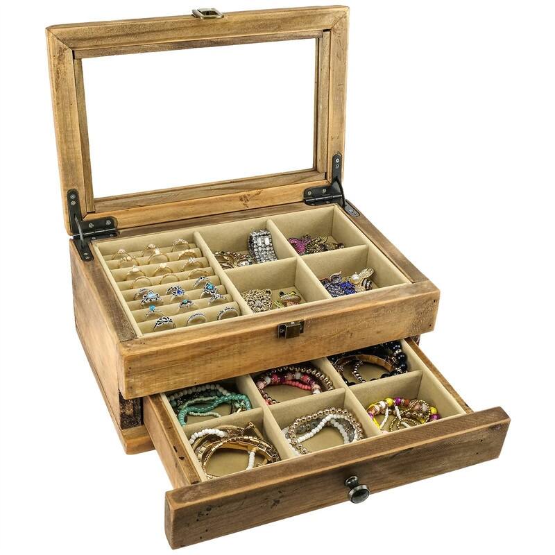 Farmhouse Solid Wood Rustic Distressed Jewelry Organizer - 8.7"D x 11.8"W x 5.5"H - Brown