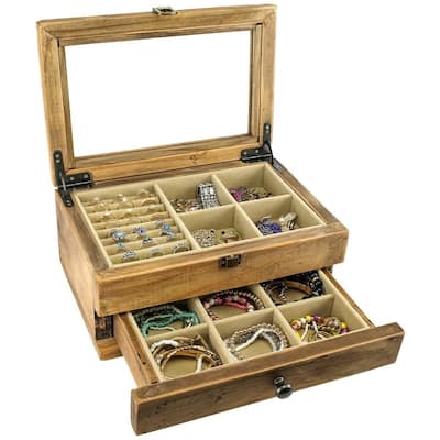 Farmhouse Solid Wood Rustic Distressed Jewelry Organizer - 8.7"D x 11.8"W x 5.5"H