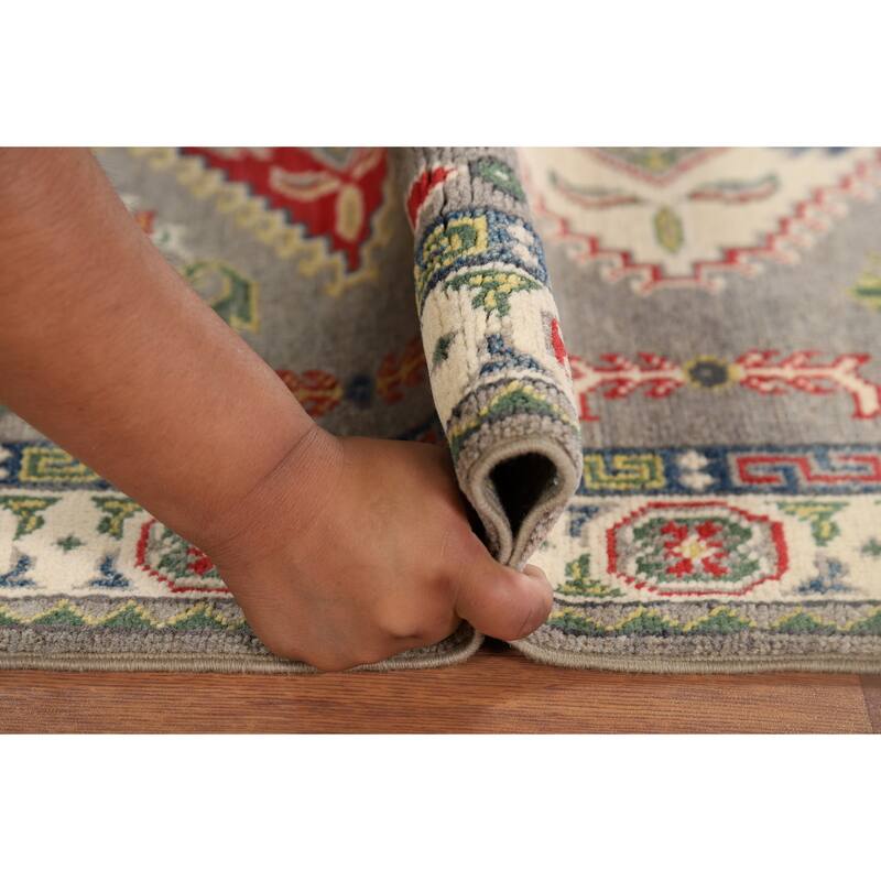 Gray Geometric Kazak Foyer Rug Hand-Knotted Oriental Wool Carpet - 2'8" x 4'1"