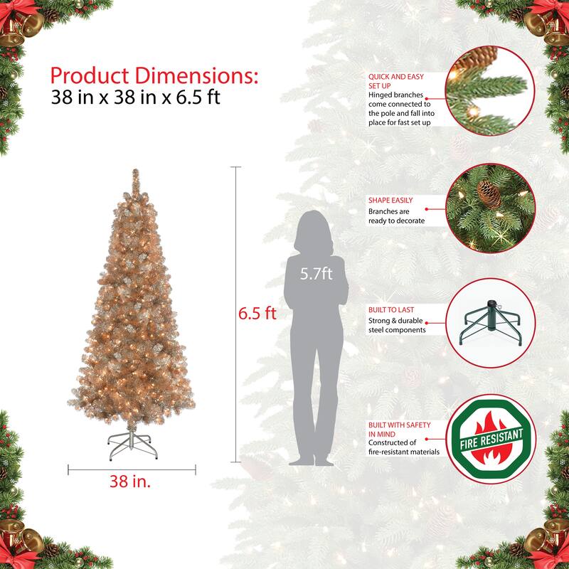 Puleo International 6.5' Pre-Lit Rose Gold Artificial Tree - Green