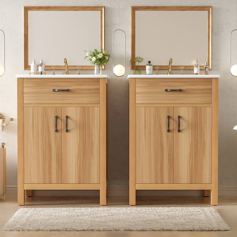 GDFStudio - Barro Transitional Freestanding Bathroom Vanity Cabinet with Ceramic Sink, Dual-Layer Rack & Soft Close Storages