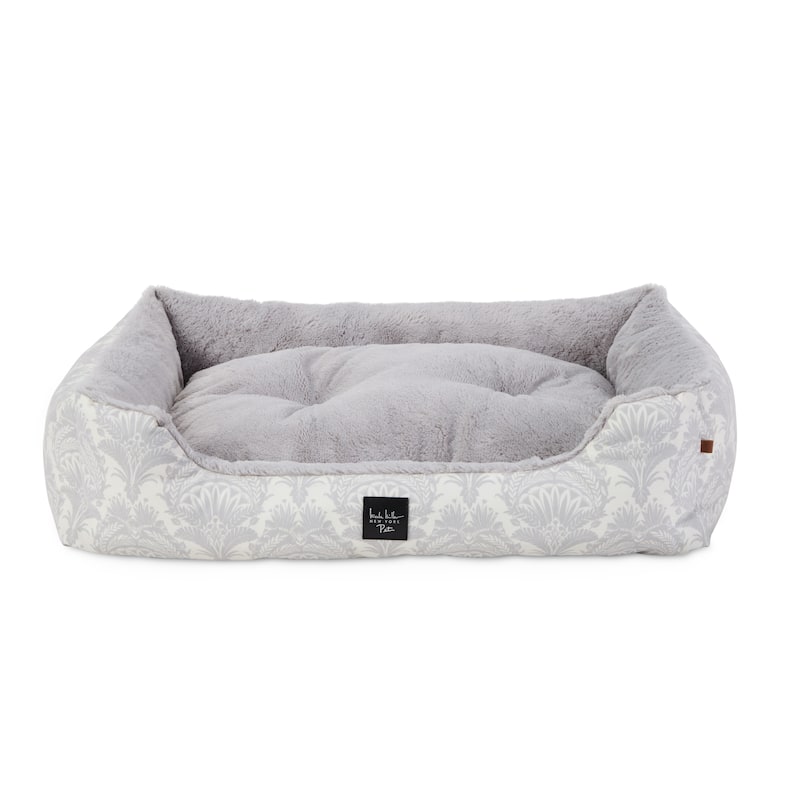 NICOLE MILLER NEW YORK PET Mod Damask Plushy Bolster Cozy & Calming Pet - Grey - M: 29.53"x23.23"x7.87"