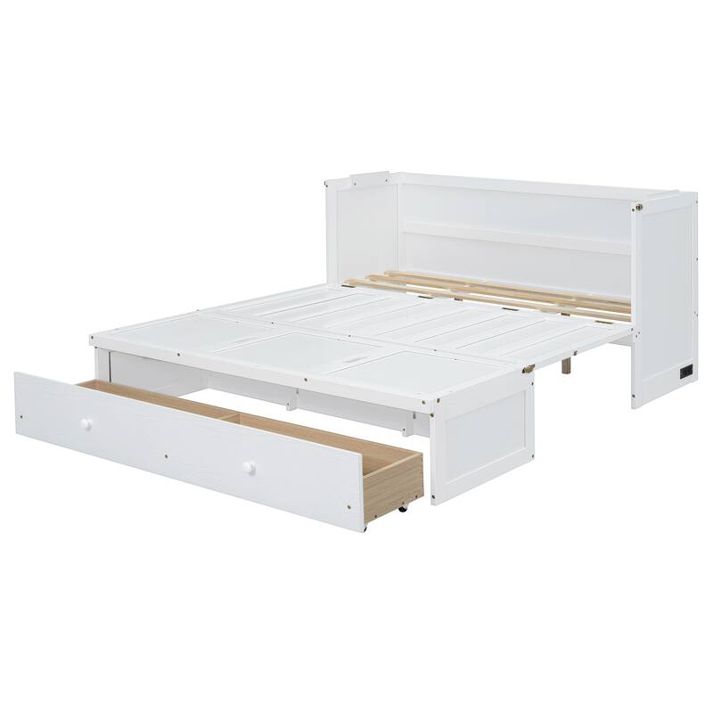 Queen Size 2-in-1 Murphy Bed Cabinet with Space Saving Design with Built in USB/Power Outlets, Large Storage Drawer