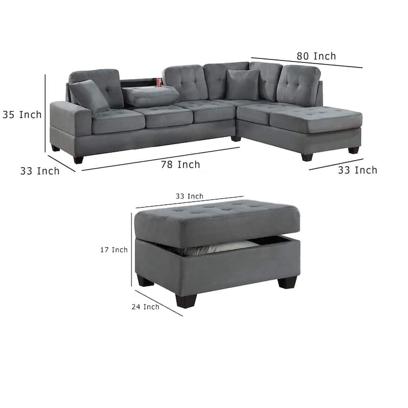 Aea 3pc Sectional Sofa, Chaise and Ottoman Set, 2 Pillows, Dark Gray