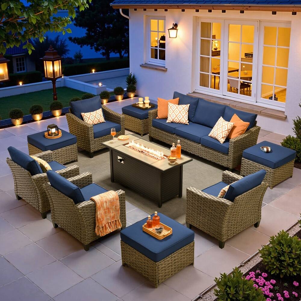 ​​OVIOS 10-Piece Outdoor Wicker Set with Fire Pit Table​