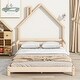 preview thumbnail 2 of 7, Natural Full Size Pine Wood House-Shaped Headboard Floor Bed with Handrails and Slats