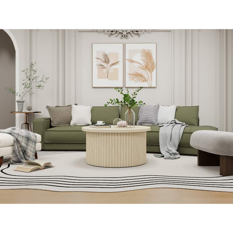Round Coffee Table with Wood Grain Vertical Stripes, Small Fluted Circle Side Table, Center Table with Adjustable Feet