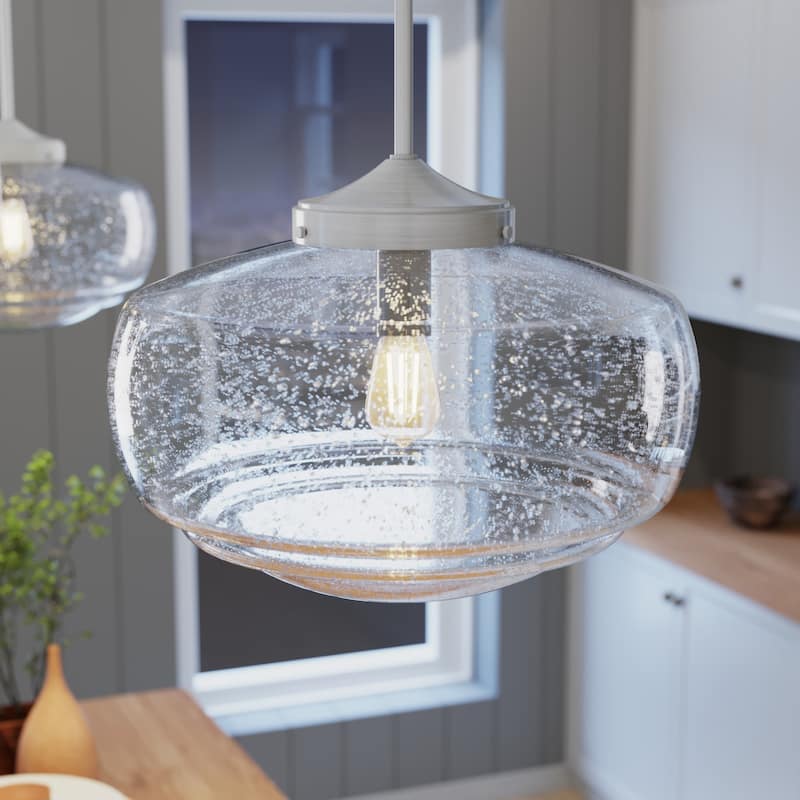 Hunter 16" Saddle Creek 1 Light Pendant / Semi-Flush Mount Ceiling Light - Entry, Kitchen Island, Dining Room - Schoolhouse - Brushed Nickel - Seeded Glass
