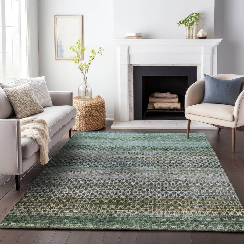 Machine Washable Indoor/Outdoor Stripe Medallions Chantille Rug