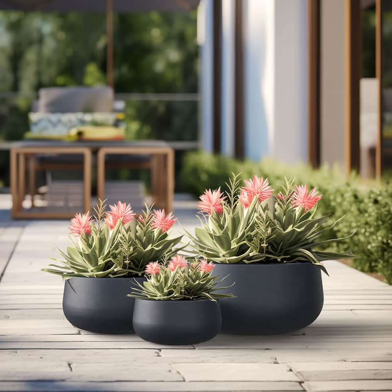 Tall Concrete Round Plant Pots / Large Indoor and Outdoor flower Planters - 3 Piece Set (11.5, 15, 19 Inch Diameter) - Granite Gray