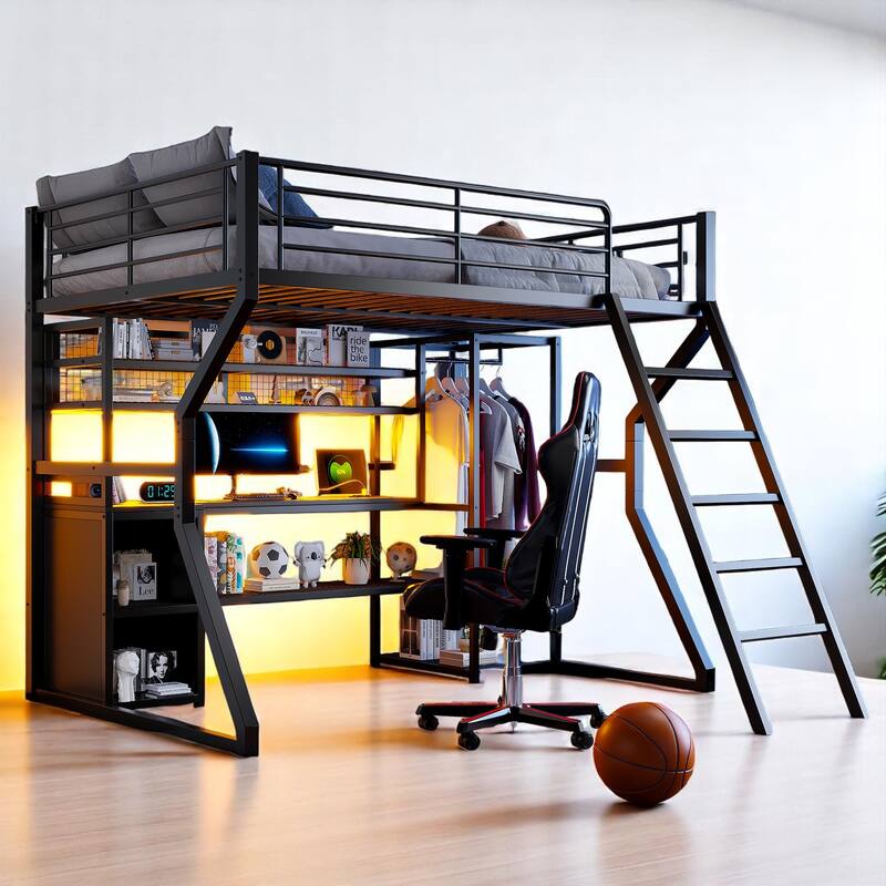 Black Full Metal Loft Bed with Workstation, LED Lights, Storage Cabinet, USB Charging & Open Closet - Black - Full