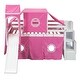 preview thumbnail 9 of 7, Pink Pine Wood Loft Bed with Storage Staircase and Slide, Tent and Tower, Full-Length Guardrail